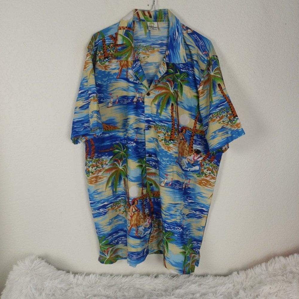 Island Shirtworks Hawaiian Button Down Shirt ALOHA Tropical Scenes Palm Trees XL